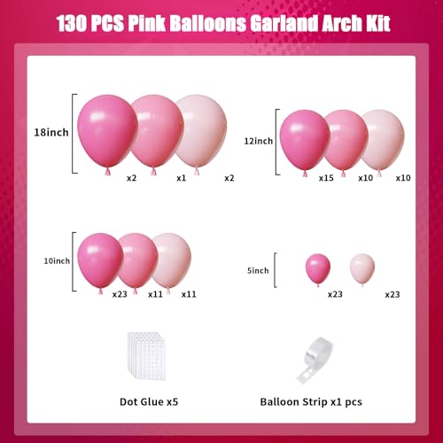 Image of Pink Balloons Arch Kit,130pcs Hot Pink Balloon Garland,Different Sizes Light Latex Pink Balloons for Wedding,Bridal Shower,Birthday,Valentine's Day Party Decorations