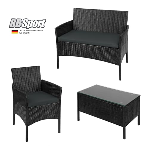 Poly Rattan Sitzgruppe 4 Personen Tisch 2 Stühle Sitzbank 5cm Dicke Sitzpolster Balkonmöbel Set Sitzgarnitur Balkon Terrasse Garten Outdoor, Farbe:Titan-Schwarz/Nachtschwärmergrau – Bild 3