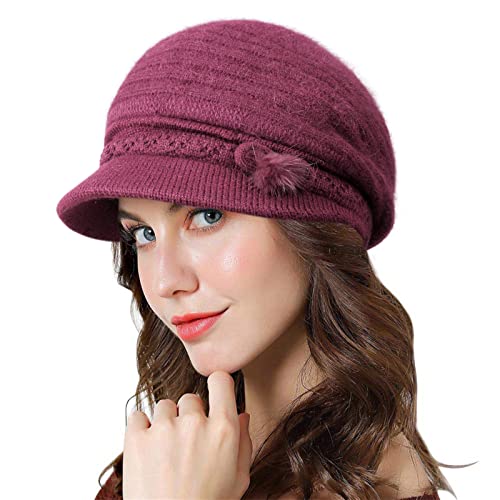 Genfien basker för kvinnor brim keps Newsboy keps för kvinnor baskermössa tjock fleece fodrad retro ledig virkad mode stickad stickad mössa lätt vinter en storlek, violett, one size