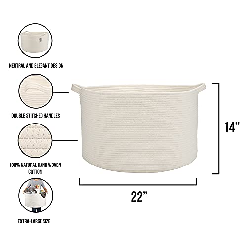 Xxl Cotton Rope Basket (22”X14”), Off-White, 100% Cotton, Extra Large Woven Storage Basket, Blanket Basket Living Room, Toy Storage Basket, Pillow Basket, Laundry Basket, Round Basket, Baby Hamper #TOP1