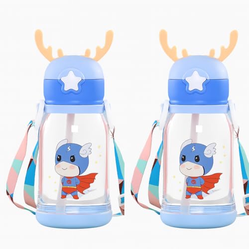 Image of Antlers Water Bottle for Kids 600ml BPA Free | Soft Silicone Sipper Transparent Bottle for Boys & Girls | Reusable Leak Proof with Strap for School, Sports, Travel & Outdoor Use - Pack of 2 (Blue)