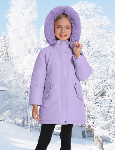 Happy Cherry Girls Winter Jacket Coats - Solid Color Raw Edge Kids Cute Warm Windproof Hooded Outwear Heavy Parka3