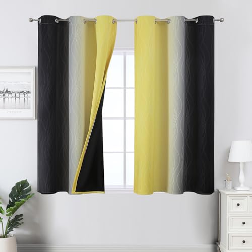 Estelar Textiler Black and Yellow Blackout Curtains 45 Inch Length, Full Light Blocking Gradient Grommet Drapes for Kitchen, Thermal Insulated Ombre Curtains for Bedroom, 42Wx45L, 2 Panels