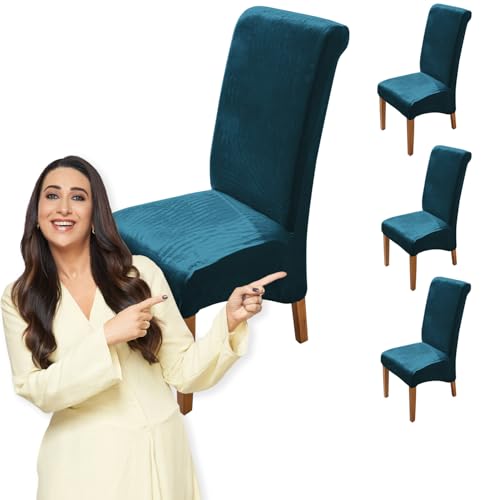 Image of HOKIPO Velvet Long Back Chair Covers Set of 4, Peacock Blue (AR-4760-PBLU*4)