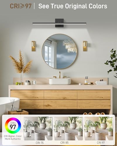 Image of Black Long Vanity Lights, Morden Bathroom Light Fixtures with 5CCT&Dimmable Bath Wall Lamp, 220 Rotatable Hallway Bedroom, 32IN Vanity LED Bar Over Mirror for Makeup Shaving Skincare-ETL Certified