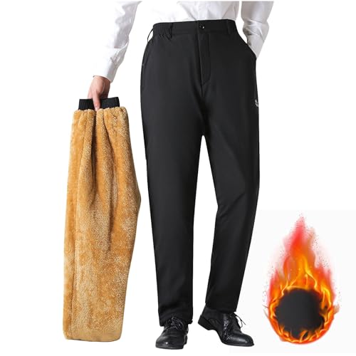 Men's Fleece Lined Dress Pants Elastic Waist Straight Leg Bottom Trousers Winter Warm Business Work Pants Plus Size2