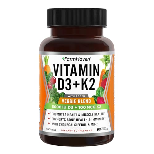 FarmHaven Vitamin D3 K2 Capsules - 5000 IU D3 and 100 mcg K2 - Cholecalciferol MK7 with Veggie Fruit...