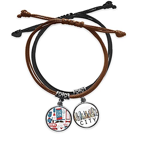 Chaîne bracelet cuir sidi et grand bus britannique avec pendentif Angleterre