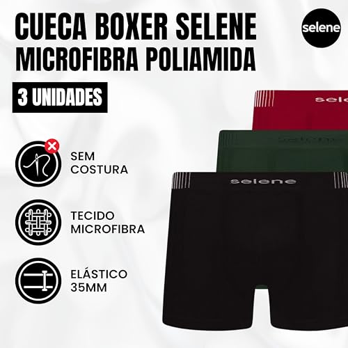 SELENE 3 Cueca Boxer Sem Costura Microfibra Poliamida Cós Elástico 40MM Masculino Adulto, 1 Preto -