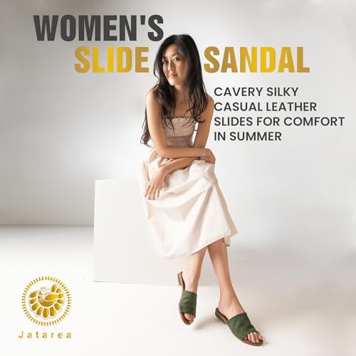 JATAREA Women’s Slip-On Leather Flat Sandals with Round Open Toe | Classic and Trendy Slippers - CAVERY3