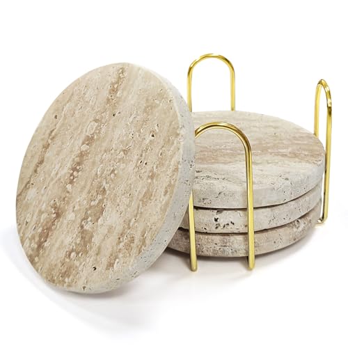 Travertine Coasters Set of 4 with Gold Metal Holder, Absorbent Stone Drinks