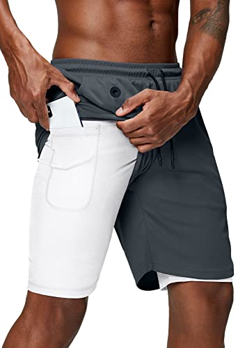Pinkbomb Men's 2 in 1 Running Shorts Gym Workout Quick Dry Mens Shorts with Phone Pocket, Grey2, Large