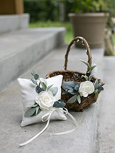 Willow Flower Girl Basket & Ring Pillow Set - Rustic Flower Girl Basket And Ring Cushion - Wedding Basket W/Greenery Decor - Flower Girl Basket Set By Ragga Wedding #TOP3