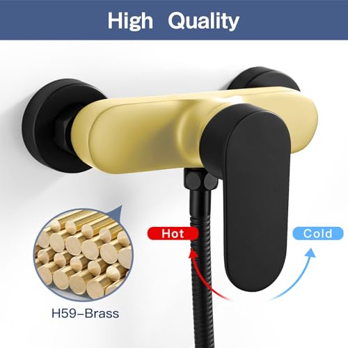 Rehomthy Duscharmatur Schwarz mit Brausegarnitur, Mischbatterie Dusche Wandmontage mit Einhand- Brausebatterie | 635mm Duschstange | Duschbrause mit 1.5m Schlauch, Duschsystem Duschset