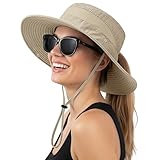 Lonya Sonnenhut Damen Herren UV Schutz Fischerhut Unisex Sommer Pferdeschwanz Wanderhut Casual Faltbar Tragbar Outdoor Breite Krempe Hut,A-Beige