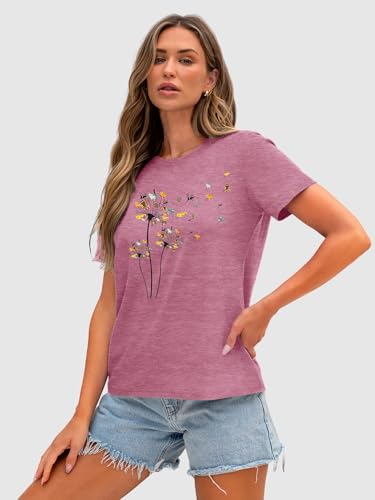 Image of Anbech Womens Dandelion Graphic T-Shirts Teen Girls Cute Sunflower Print Casual Tee Tops