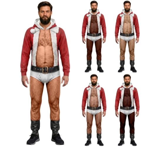 Men Ugly Christmas Hooded Onesie Funny Fake Muscle Full Zip Jumpsuit Pajama - image 2