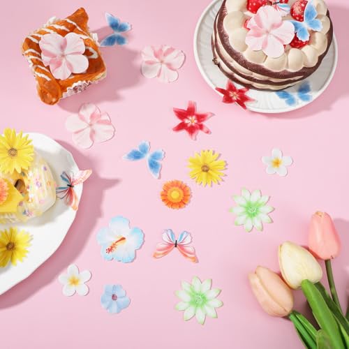 DOPENSPI 60 szt. jadalne kwiaty motyl dekoracje do ciast, jadalne kwiatowe ozdoby na ciasto waflowe papierowe kwiaty motyl do ciast na ślub przyjęcie urodzinowe baby shower artykuły