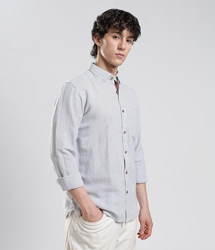 Image of TURMS Men's Casual Striped Linen Shirt | Water Repellent | Anti Stain Anti Odor | Kansas Linen | Concealed Button Down Collar | Full Sleeves