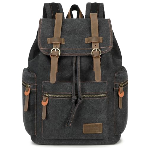 Bluboon Canvas Vintage Backpack Leather Casual Bookbag Men Rucksack (Black)