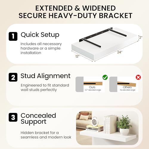 Image of 32Inch White Floating Shelves for Wall, 12 Inch Deep Shelves for Bedroom, Kitchen, Bathroom Wall Mounted, Rustic Wood Floating Shelf with Invisible Brackets for Books, Storage, Decor, 2 Packs