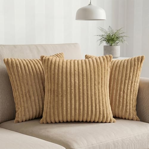 Image of Yellow Weaves Pencil-Stripe Fur Cushion Covers | Soft Polyester | Decorative Sofa & Throw Pillow Covers | 16x16 Inches, Pack of 3 (Golden Brown)