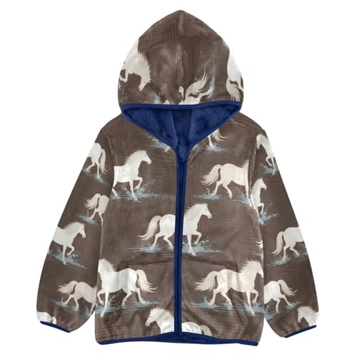 White Horses Running on Brown Toddler Fleece Jacket Girl Boys Hooded Fleece Jacket Coat Warm Outwear Zip-up 3-10T