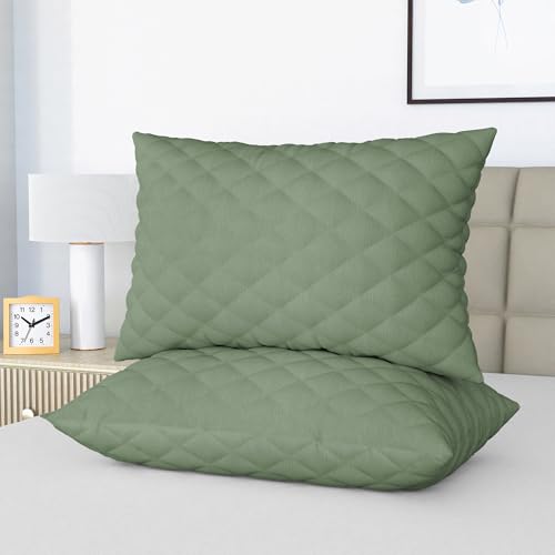 Image of LINENWALAS Cotton Quilted Pillow Cover - Set of 2 | Ultra-Soft, Cooling & Breathable | Skin & Hair Friendly |Zipper Closure | Sweat-Absorbent & Hypoallergenic (18x28 Inches, Avocado Green)