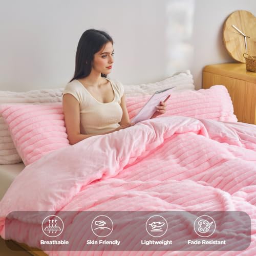 Image of Besfunny Pink Fluffy Comforter Cover Queen Size ,Plush Striped Bedding 3pcs Set(1 Queen Size Fuzzy Duvet Cover+2 Fur Pillow Cases ) Faux Fur Luxury Bed Set (Pink, Queen)