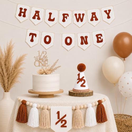 Image of 1 /2 Birthday Brown Half Birthday Decorations - White Brown It's My 1 /2 Birth Banner Glitter Cake Topper Tassel Wood Bead High Chair Banner & Cone, Hat Halfway to One Party Supplies