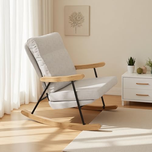 PerGar Mecedora, silla mecedora, sillón de lactancia, sillón moderno con respaldo alto, sillón de lectura, silla de relax, para salón, dormitorio, balcón, lino, gris