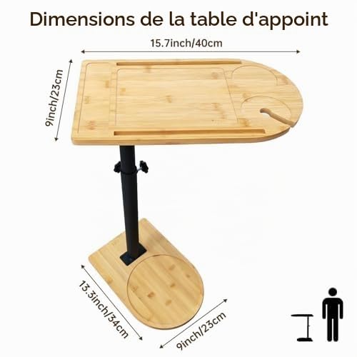 Table d'Appoint Forme C Bambou Métal Moderne Hauteur Réglable, Table d'Appoint de Lit, de Canapé, de Chevet, de Soins, pour Salon Chambre Salle de Bains, Style C