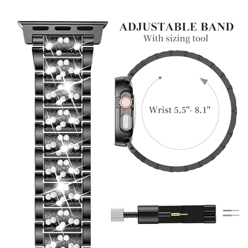 Image of SUPOIX for Apple Watch Band 49mm + Case, Bling Bands for Women (Black) | Shiny Metal Bands & 2 Pack Protective Cover Cases for iWatch Ultra 49mm