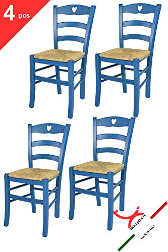Tommychairs sillas de Design - Set 4 Sillas Cuore 38 para Cocina, Comedor, Bar y Restaurante, con Estructura en Madera de Haya Color anilina Azul y Asiento en Paja