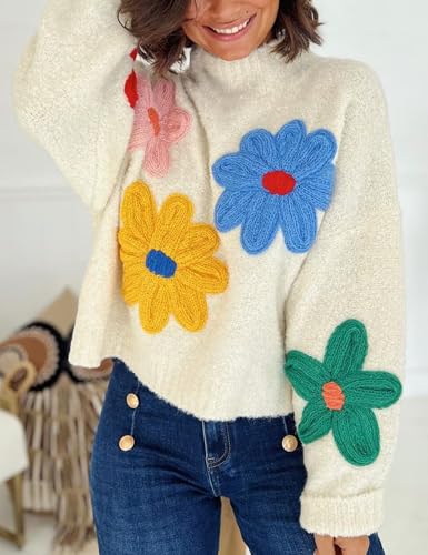 Image of Yimoon Women's Cropped Floral Sweater 2024 Fall Winter Cute Crochet Flower Long Sleeve Knit Pullover Tops(White-M), Medium