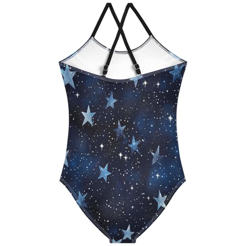 Pigsaly Girls One Piece Swimsuits Stars Navy Blue Gradient Flashing Glitter Kids Cross Back Swimwear Sport Bathing Suit 3T2