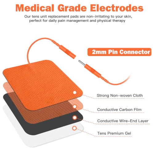 Image of 24 Pack 2''X2'' Large TENS Unit Electrode Pads, Orange | Upgraded Reusable Tens Unit Replacement Pads with 2mm Connector, Compatible with AUVON , TENS 7000 Devices