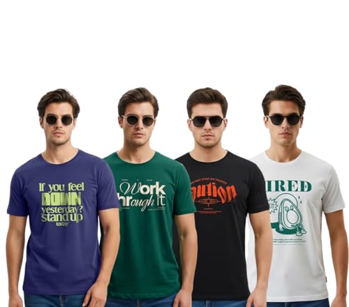 Image of Cotton Blend Regular Fit Half Sleeve Printed Round Neck Multicolor Drop Shoulder T-Shirt for Mens & Boys (Pack of 4)