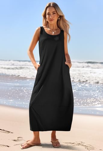MEROKEETY Women's Casual Maxi Sundress 2025 Summer Beach Dress Scoop Neck Sleeveless Loose Tank Dress, Black, Medium - Image 6