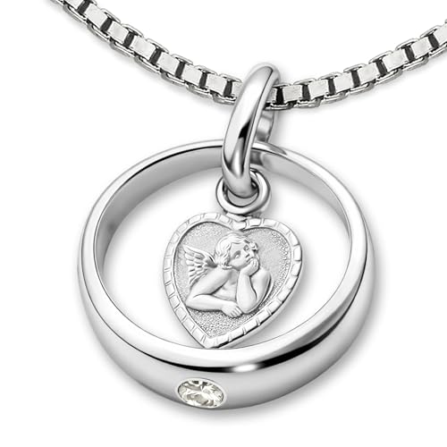 CLEVER SCHMUCK Taufkette mit Schutzengel Herz Taufring Ø 12 mm Zirkonia & Kette Venezia 36 cm 925 Silber Taufgeschenk für Junge oder Mädchen im Taufe Etui weiß