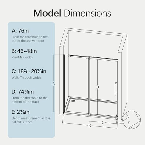 Image of 46-48 inch W x 76 inch H Frameless Sliding Shower Door, Bathroom Single Sliding Shower Doors with 5 /16 inch (8mm) SGCC Tempered Glass and Stainless Steel Handle, Reversible Installation, Matte Black