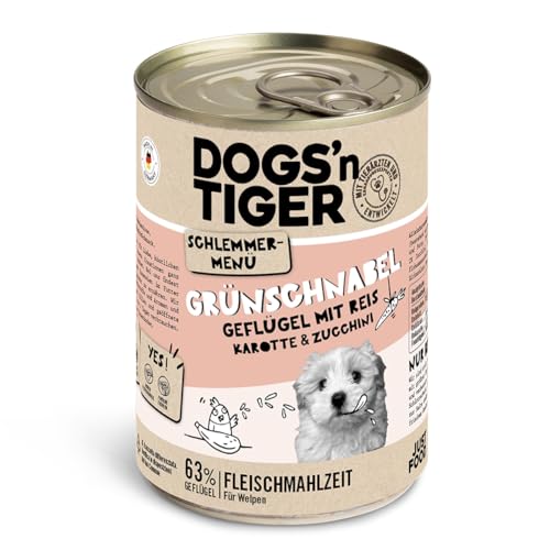 Dogs’n Tiger Junior, Hundefutter, Grünschnabel, Hundenassfutter für Welpen mit Huhn, Reis und Gemüse, ohne Getreide, Zuckerzusatz, künstliche Konservierungsstoffe, 6X 400g
