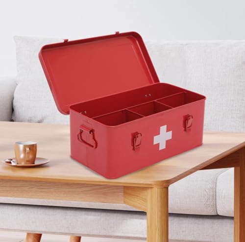 Image of First Aid Box Empty, Metal Medicine Box with Safety Lock, Medical Storage Organizer, First Aid Kit Supplies Organizer for Emergency Set (Red)