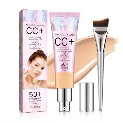 Vaethy CC Cream 50+ UVA/UVB – Crema hidratante CC, corrección de color y cobertura completa, base impermeable para tonos de piel medios, tez radiante, incluye cepillo, 30 ml