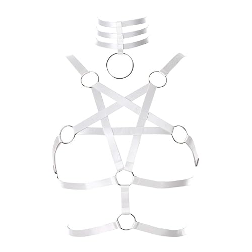 Women's Body Pentagram Harness Bra Lingerie Punk Gothic Belt cage Festival Rave Dance Apparel (Bright Yellow) - 42 - White