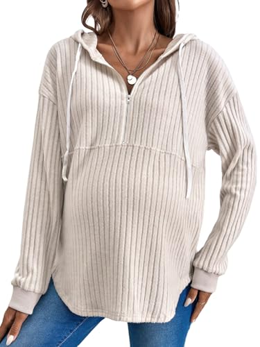 RoseSeek Womens Maternity Sweatshirts Long Sleeve Rib Knit Half Zip Up Hoodies Pullover Tops Fall Clothes Khaki Plain S