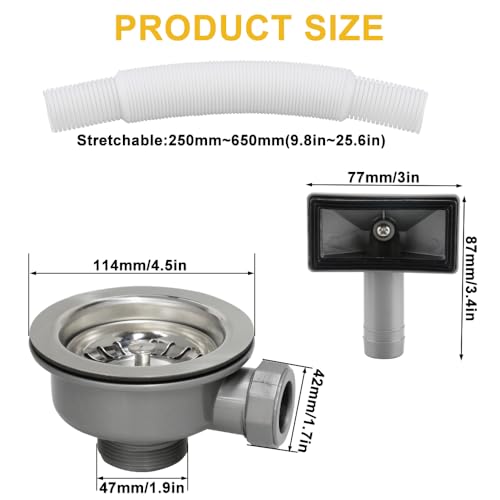 Inodiref Ablaufgarnitur Spüle 114mm, Abflusssieb Mit überlauf Spülbecken Ablaufgarnitur Spülenablauf Siebkorbventil Edelstahl Verdicktes Design 1½\ für Spülbeckenlochgröße 83–90 mm(Eckiger überlauf)
