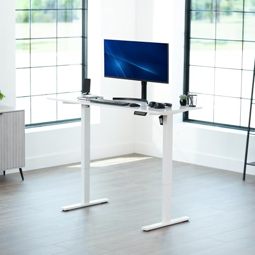 Image of VIVO Marble Dry Erase 60 x 24 in Standing Desk, DESK-KIT-1W6WM | Electric, Holds 220 lbs, Sit Stand, Height Adjustable Whiteboard Marble Pattern Table, One-Piece Top, 1B Series, White Frame