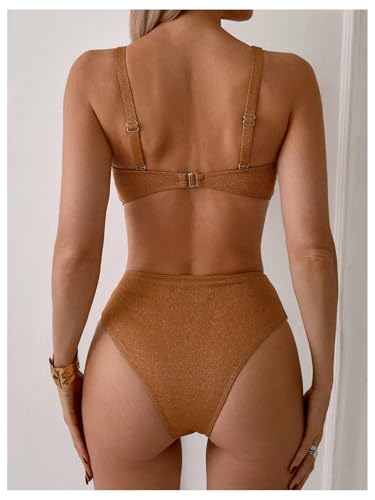 SHENHE Women's Sparkly Bikini Set 2 Piece Beaded Gold Metal Glitter Bandeau Swimsuits2