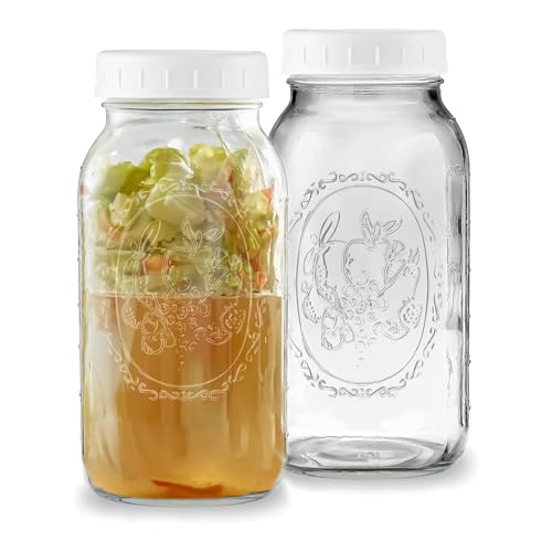 Wide Mouth Mason Jars 64 oz - (2 Pack) - Wide Mouth 64-Ounces Half Gallon Mason Jars with White M.E.M Food Storage Plastic Lid. For Storage, Freezing, Leak Proof, Microwave & Diswasher Safe